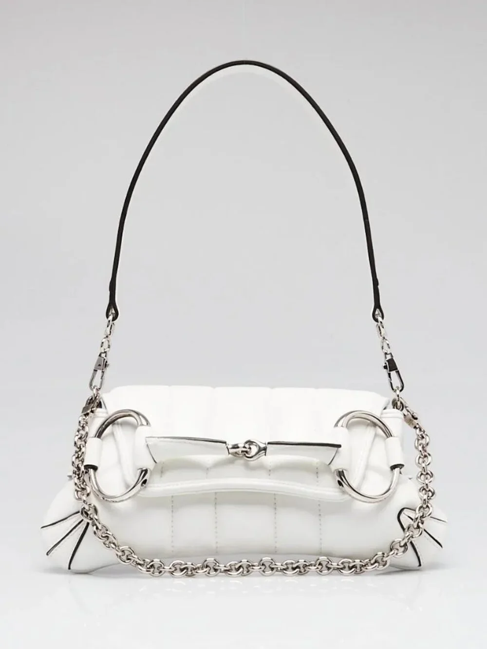 Gucci White Quilted Lambskin Leather Small Horsebit Chain Shoulder Bag